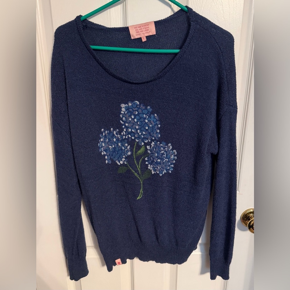 Simply Southern Navy Scoop Neck Sweater with Blue Floral Accent, Large